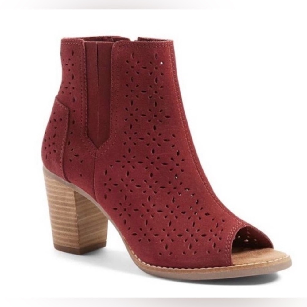TOMS Majorca Peep Toe Booties in red suede. Size 8 new with tags